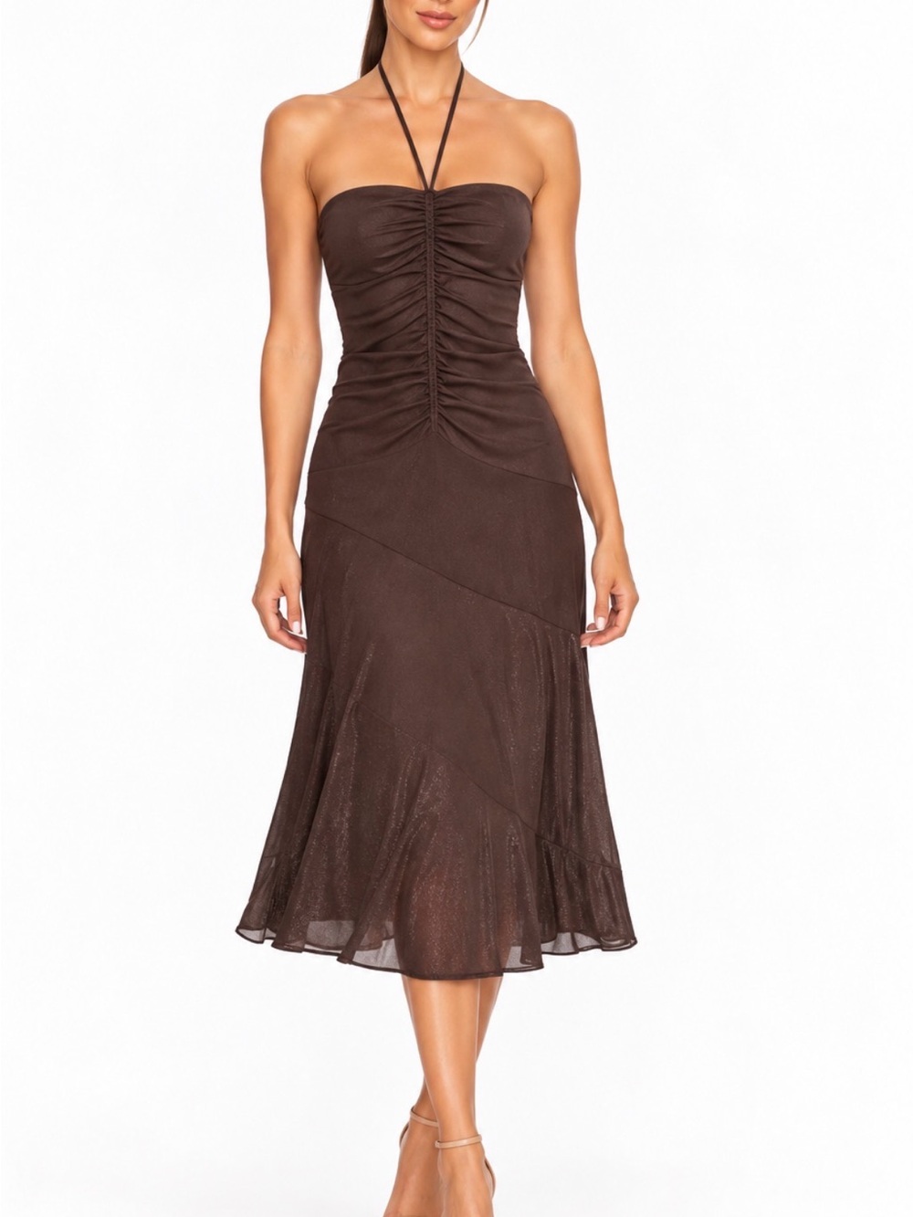 Strapless Ruched Brown Halter Prom Dress